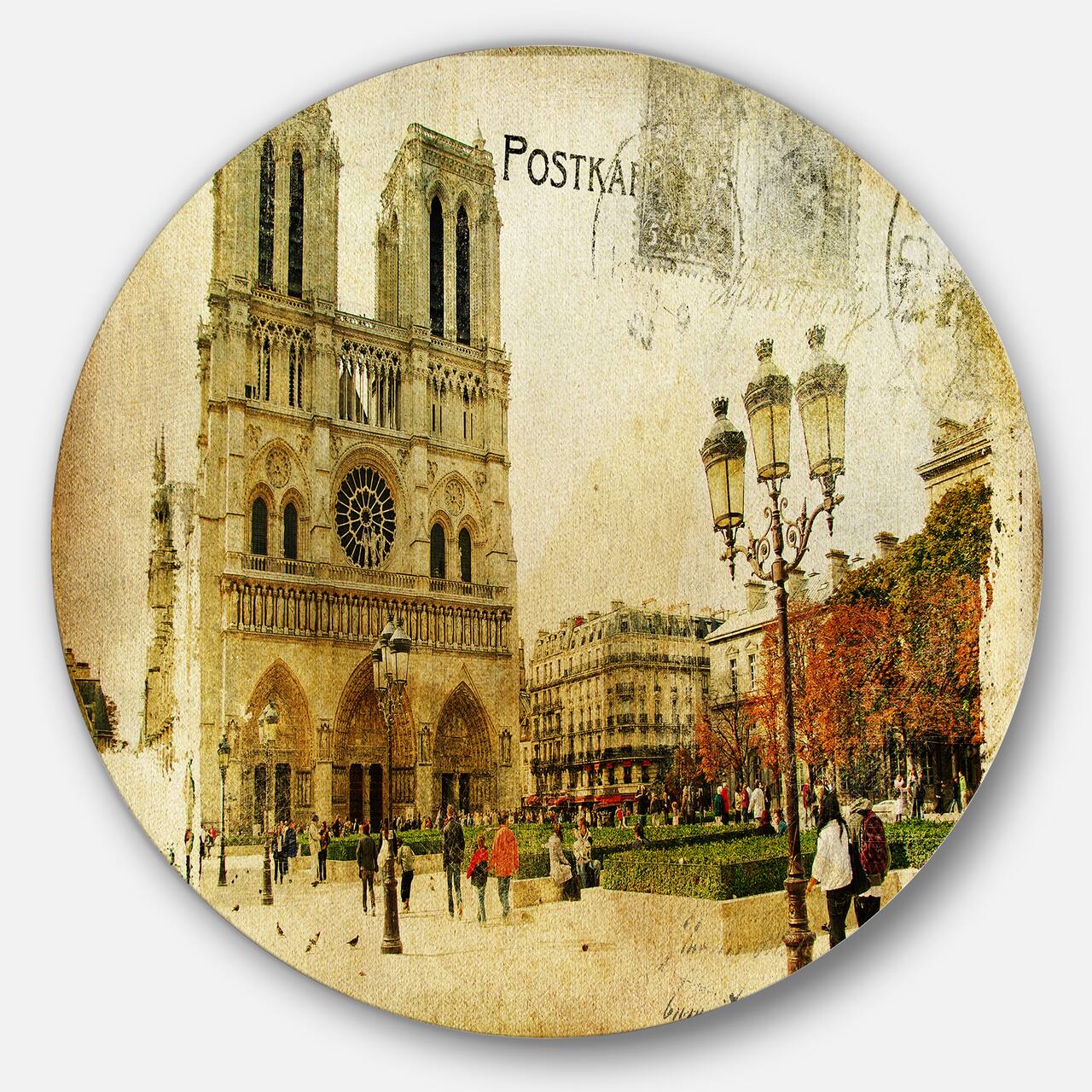 Designart - Notre Dame Cathedral Vintage Card' Disc Contemporary Circle Metal Wall Art